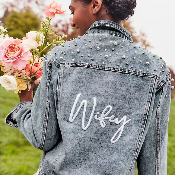 DB Studio Jackets & Blazers - Pearl Studded Denim Jacket with 'Wifey' Embroidery